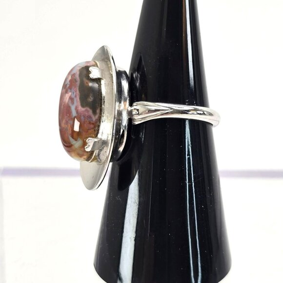 Sterling Silver Jasper Ring Cabachon Stone Hat Style Size 6.75 JJJ3779 - Picture 4 of 10